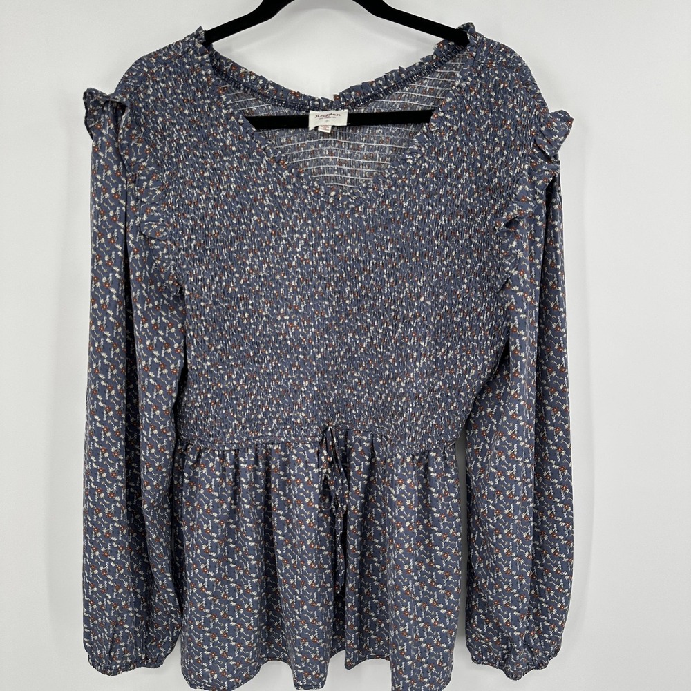 Hayden Los Angeles Blouse Womens 1XL Blue Floral Long Sleeve Peplum Smocked Top